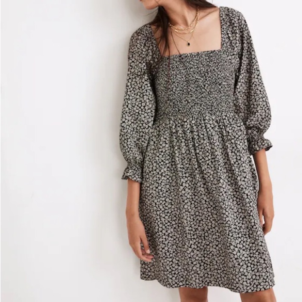 Madewell Lucie Elbow-Sleeve Smocked Mini Dress in Parisian Ditsy